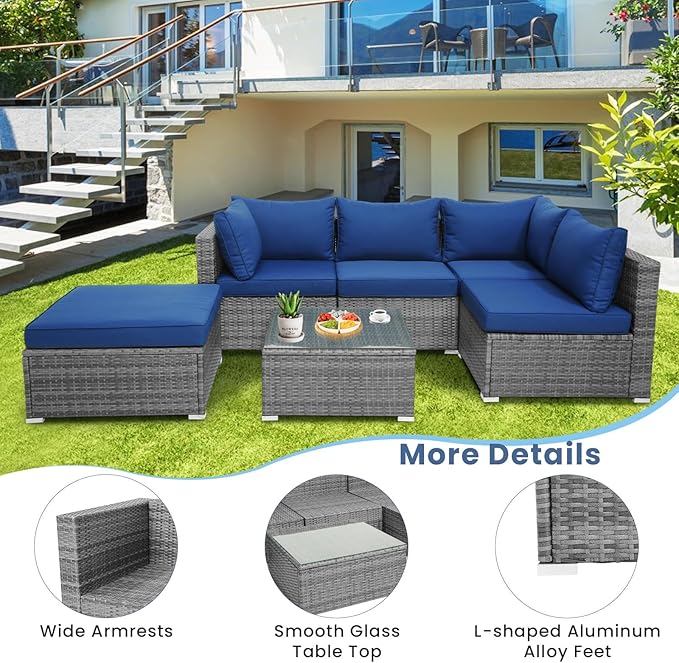 Tangkula 6 Pieces Sectional Patio Furniture Set, Weather Resistant Heavy Duty Outdoor Modular Sofa Set with Soft Padded Cushions, Tempered Glass Coffee Table, for Deck, Garden, Lawn, Poolside (Navy)