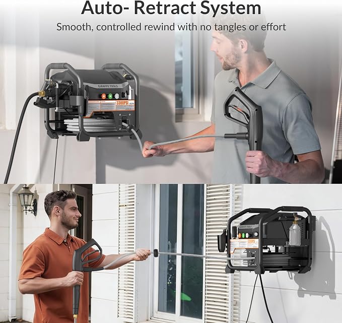 Giraffe Tools Crossfalls Retractable Pressure Washer Max, 3000PSI, 1.45GPM, 1800W Induction Motor, Wall Mounted Electric Power Washer with 50ft Pressure Hose, 4-Nozzles, Foam Cannon, Automatic Rewind