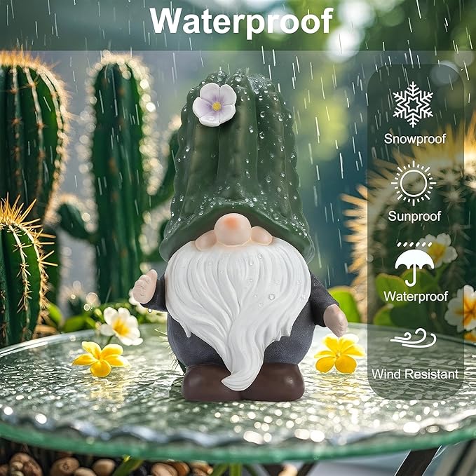Etlemonde Solar Cactus Gnome Statue Garden Decor Light - Outdoor Decorative LED Flower, Suitable for Patio, Lawnand Garden Decorations, Gifts for Mom