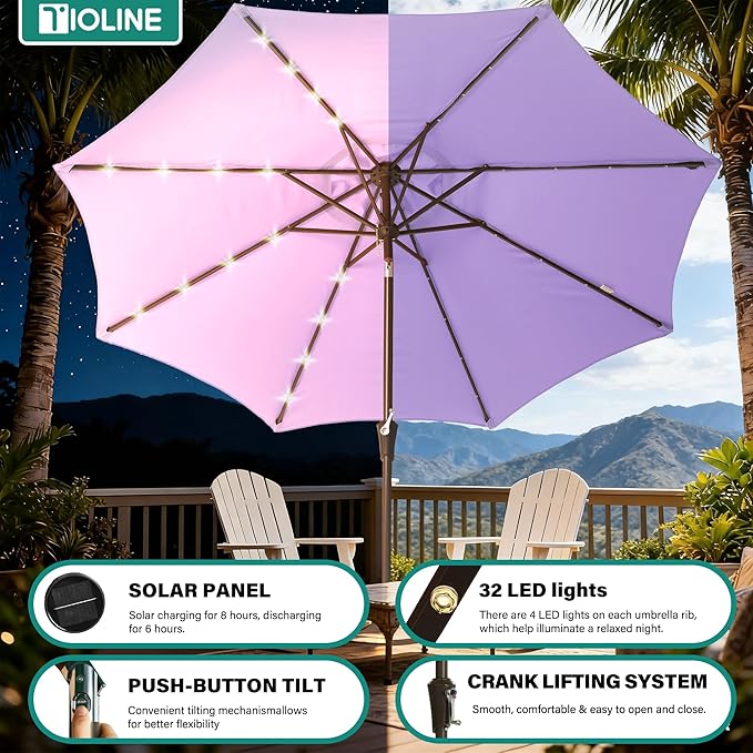 9FT Solar-Powered LED Patio Umbrella with Tilt Crank,Outdoor Market Umbrella with 32 Lights,Sunshade for Deck, Garden and Pool