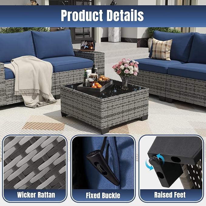 Aoxun 6 Pieces Patio Furniture Set Wicker Rattan Outdoor Sectional Conversation Set with Coffee Table and 4” Thickened Cushions, Gray Blue(Waterproof Cover Included)