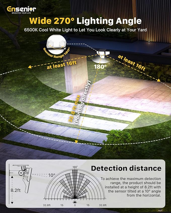 Ensenior Solar Lights Outdoor, Motion Sensor Outdoor Light with Remote Control, IP65 Waterproof 279 LED 4 Heads Solar Security Light with 4 Mode, 270° Wide Angle Solar Flood Light for outdoor, 4 Packs