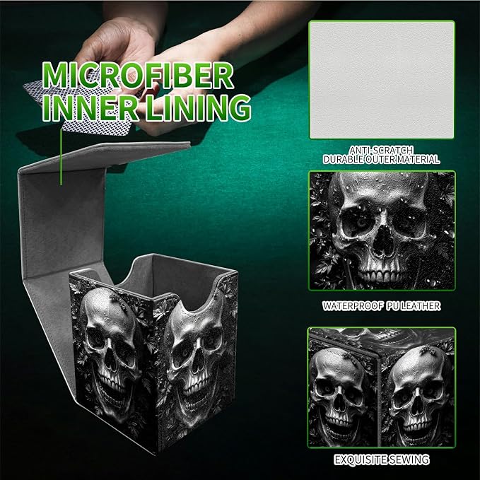 Dark Skull Card Deck Box for MTG, Personalized Card Storage Case Fits 120+ Sleeved Cards, Premium Leather TCG Box with Strong Magnetic Closure for Magic, CCG, PTCG, Baseball Cards