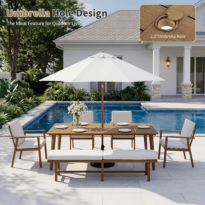 8-Person Outdoor Table Set with Chairs & Bench, 6-Piece Outdoor Rectangular Dining Table with Umbrella Hole, Rust-Resistant Faux Wood Grain Patio Table Set for Garden Backyard Poolside, Teak