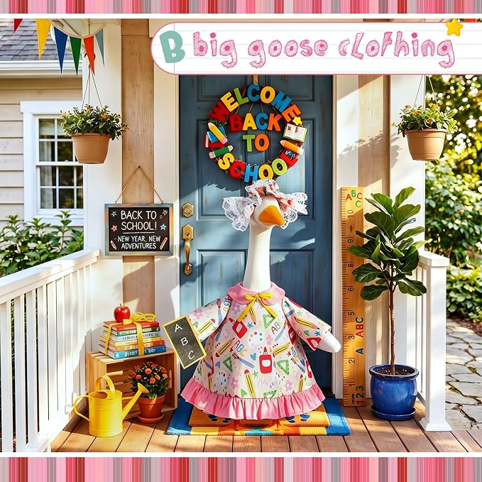 FuWeave Back to School Porch Goose Outfit Set for Plastic Statue Lawn Porch Goose Clothes with Schoolbag for Patio Decor