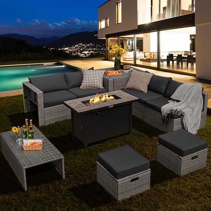 Tangkula 9 PCS Patio Furniture Set with 42” 60,000 BTU Fire Pit, Outdoor Space-Saving Sectional Sofa Set with Storage Box, Waterproof Covers Included (Gray)