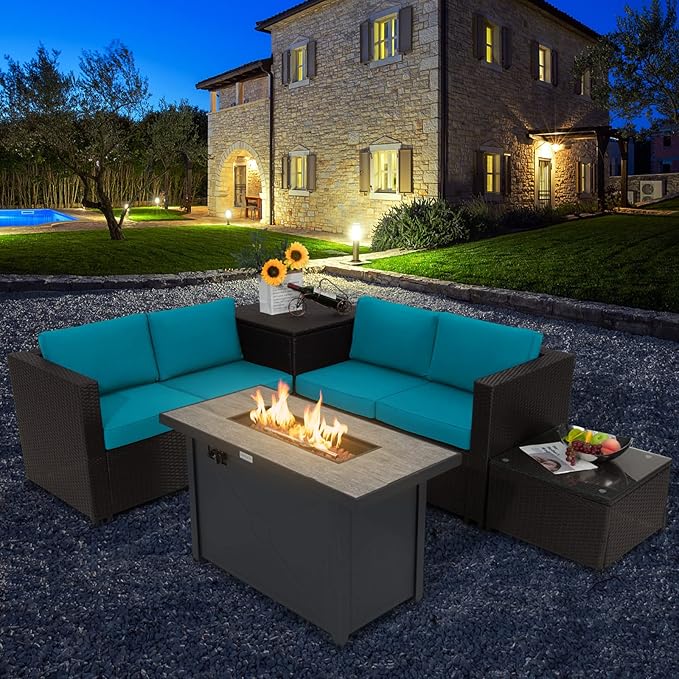 Tangkula 5-Piece Patio Furniture Set with 42 Inches Propane Fire Pit Table, Outdoor Wicker Conversation Set with Cushions, Storage Box and Coffee Table, 60,000 BTU Propane Fire Pit Table (Turquoise)