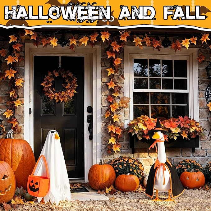 2 Set Halloween Goose Outfit Lawn Porch Goose Cloths Plastic Clothing Fall Halloween Outfit for 17 Inches Outdoor Patio Yard Lawn Art Decoration (Ghost, Witch)