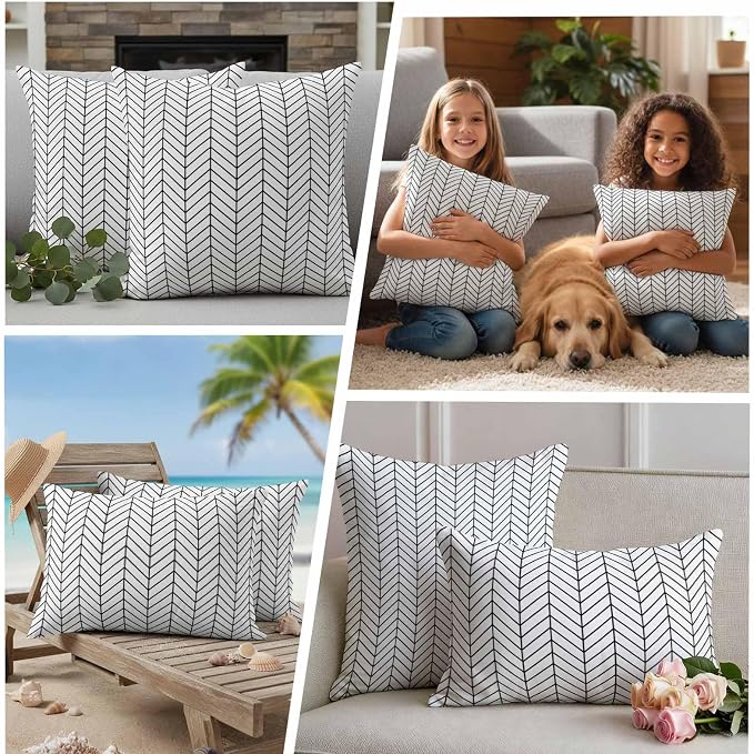 Outdoor Waterproof Throw Pillow Covers Set of 2 Black White Chevron Stripes Pillowcases 18x18 Inches Modern Geometric Texture Decorative Pillows Cushion Case Patio Pillows for Couch Bed Chair Garden