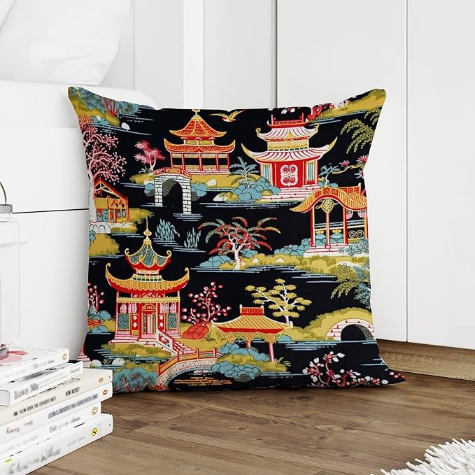 Pillow Cover Chinoiserie Charcoal Coral Pagoda Asian Pillows Classic Chinoiserie Chic Asian Pillow Cover Accent Decorative Cushion Covers Home Decor for Patio Furniture Porch 18x18 in