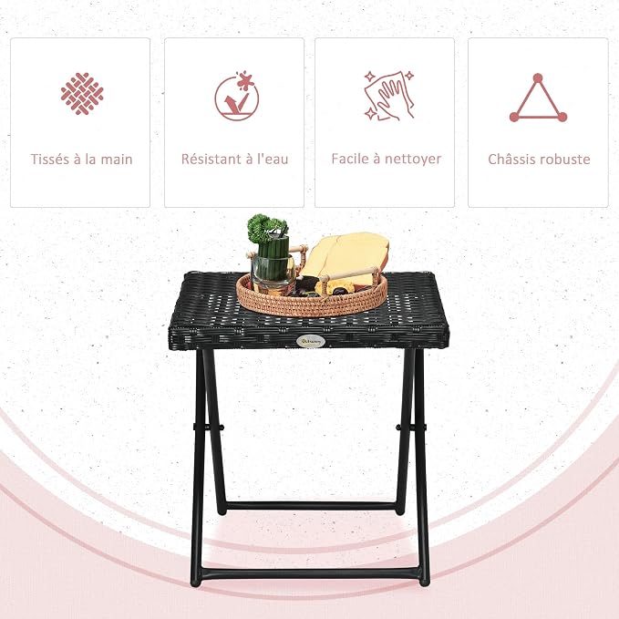 Outsunny Cosy Chic Folding Garden Coffee Table, Dimensions: 40 x 40 x 40 cm, Steel Resin Wicker Imitation Rattan Black