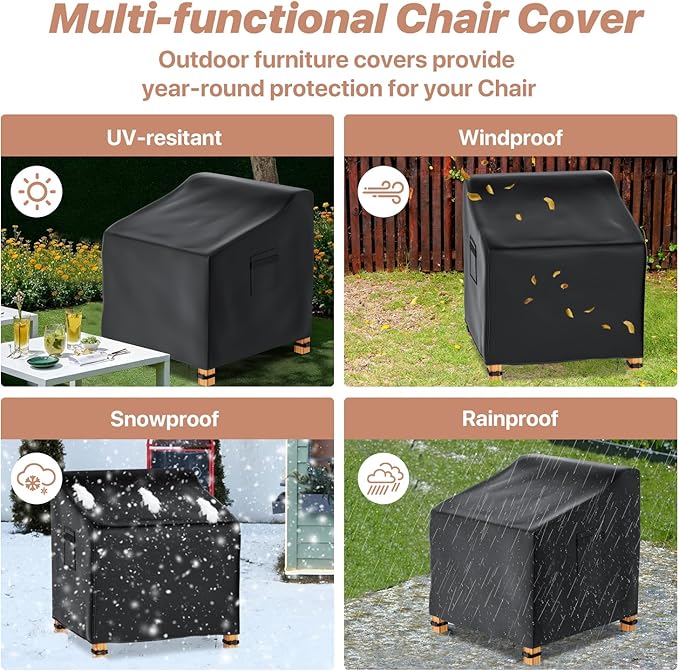 Likorlove Patio Chair Covers Waterproof – Fits up to 40" W x 40" D x 36" H, 600D Heavy Duty Outdoor Lounge Chair Covers, UV & Fade Resistant, Windproof with Buckles & Drawcord, Black (2Pack)