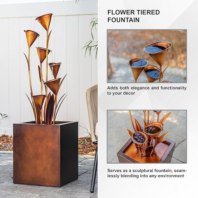 XBrand 46-Inch Sculptural Metal Multi-Tier Flower Water Fountain, Bronze