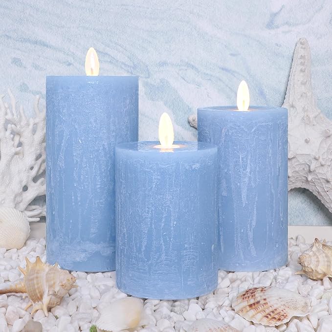 Rustic Blue Flameless Candles with Remote Control & Timer Real Wax Ocean Pillar LED Candles Rough Texture Design Battery Candles for Home Party Nautical Wedding Christmas Valentine's Day Decor