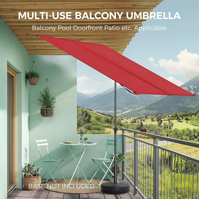 HOMSHADE 6x4ft Outdoor Balcony Umbrella - Flat Porch Pool Patio Umbrella Rectangular Canopy Shade UPF50+ UV Protection 360° Rotating & Tilting All Angles Applicable (Red, No Base)