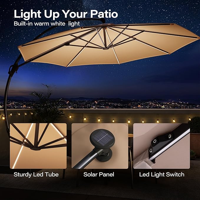 LAUSAINT HOME 11ft Patio Cantilever Umbrella with Base Included, Outdoor Curvy Round Offset Umbrella, Heavy Duty Aluminum, 360° Rotation for Pool, Deck, Lawn, Backyard (Beige with LED)