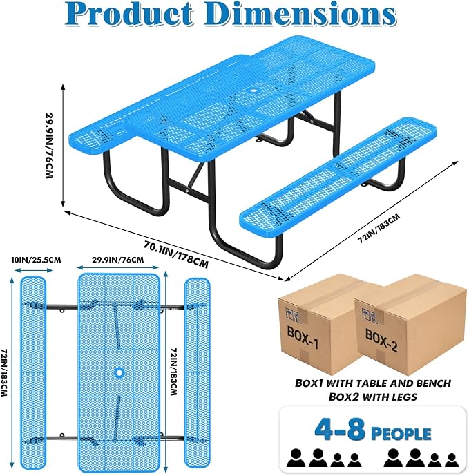 Heavy Duty Picnic Table with Umbrella Hole, Expanded Meta Outdoor Metal Patio Dining Table & Outdoor Bench Set, Steel Mesh Dining Furniture for Garden, Lawn, Patio (6FT Rectangular Table/ Blue)