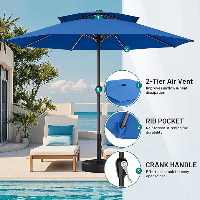 AreShark 12ft 2 Tiers Patio Umbrella - Outdoor Umbrella Waterproof UV Protection, Market Table Umbrella w/ 8 Sturdy Ribs&Crank for Pool, Porch, Garden(Royal Blue)