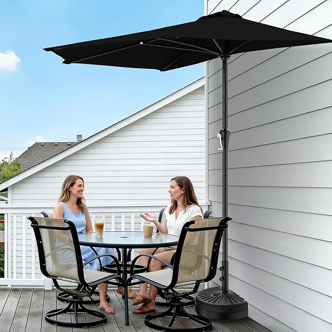 AreShark 9FT Half Patio Umbrella, Outdoor Wall Umbrella with Crank & 5 Sturdy Ribs, Table 1/2 Umbrella Patio for Garden, Deck, Balcony and Pool, Black