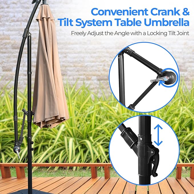 SereneLife 10ft Patio Table Umbrella, 6 Sturdy Ribs with Push Button Tilt and Solar LED Lights, Easy Close Open Crank, Outdoor Furniture for Garden Lawn Deck Pool Beach, Cross Base Included