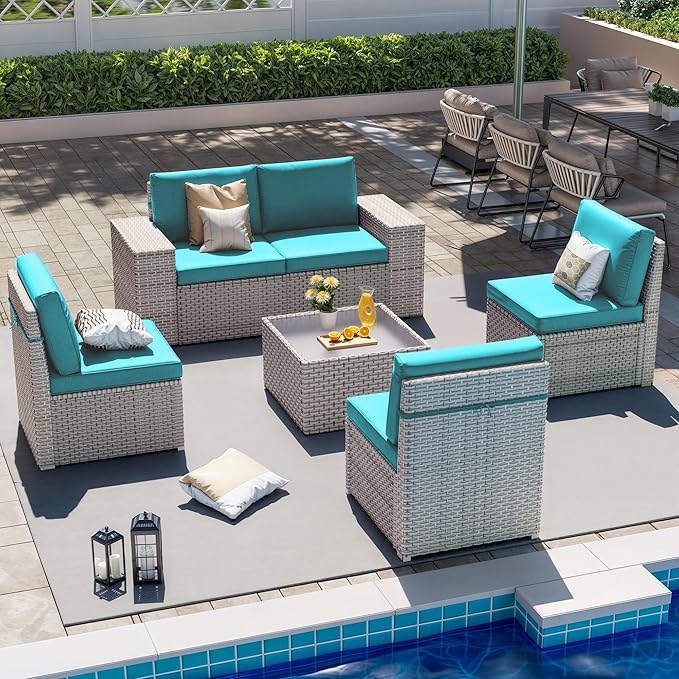6 Pieces Patio Furniture Set, Outdoor Sectional Wicker Sofa with Thickened Cushions and Coffee Table, High Back Rattan Patio Conversation Sets for Garden Backyard, Cyan