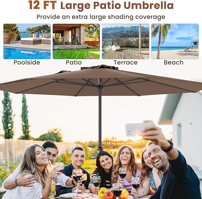 Tangkula 12 FT Patio Umbrella, Double-Tier Outdoor Umbrella with Crank Handle, 8 Sturdy Ribs, Sun-Protective Canopy for Market Table Pool Deck Garden Backyard (Tan)