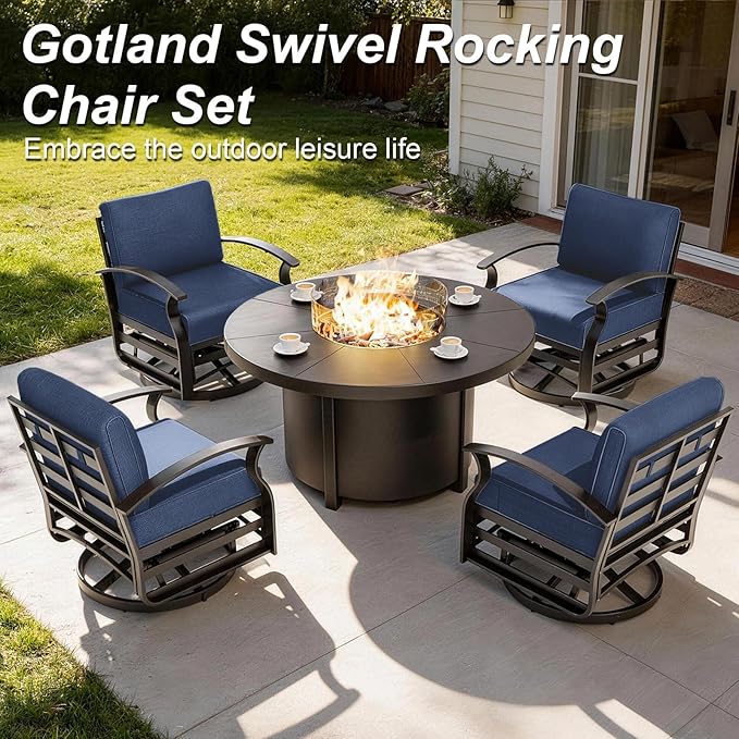 Gotland Outdoor Furniture, Metal Outdoor Swivel Chair with 5.1’’ High-Resilience Seat Cushions 6.2’’ Thick Back Pillow 29.5’’ Deep Seat Removable Cushions, Patio Furniture for Lawn, Porch, Navy