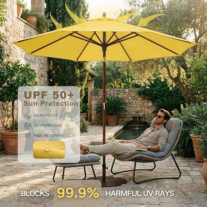 Kingdura 9FT Outdoor Patio Umbrella, Market Table Umbrella with Push Button Tilt and Crank, 8 Sturdy Fiberglass Ribs, UV Protection for Pool, Lawn, Deck, Backyard, Garden (Yellow)