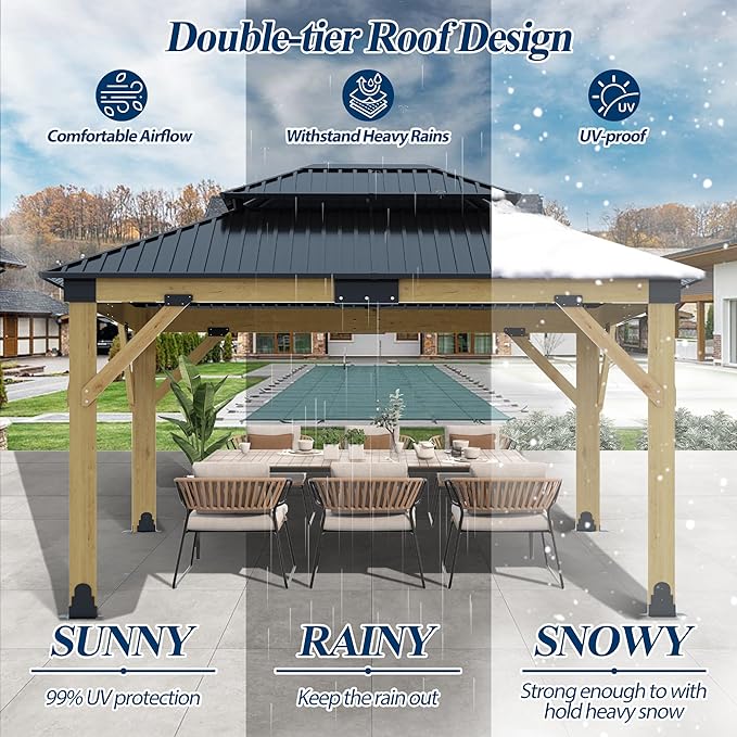 COVERONICS 11FT x 13FT Outdoor Wooden Gazebo - Patio Wood Frame Gazebo with Galvanized Steel Hardtop, Heavy-Duty Hardtop Gazebos for Garden, Poolside, Deck, Backyard
