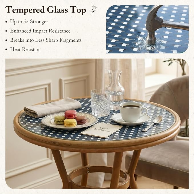 PURPLE LEAF 3-Piece French Bistro Dining Set Round Outdoor Patio Table and 2 Armless Chairs Tempered Glass Top PE Rattan Bamboo Print Finish Aluminum Frame Navy Blue