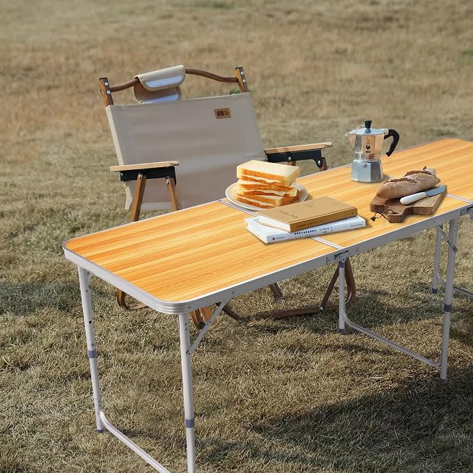 6 Ft Folding Portable Camping Table, Tri-fold Outdoor Picnic Table, Outdoor Camping Kitchen, BBQ, Picnic, Cooking, Beach, Garden, Party (Wood Color)