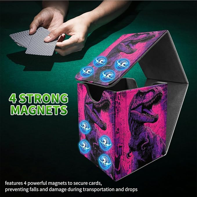 Pink Dinosaur Card Deck Box for MTG, Personalized Card Storage Case Fits 120+ Sleeved Cards, Premium Leather TCG Box with Strong Magnetic Closure for Magic, CCG, PTCG, Baseball Cards