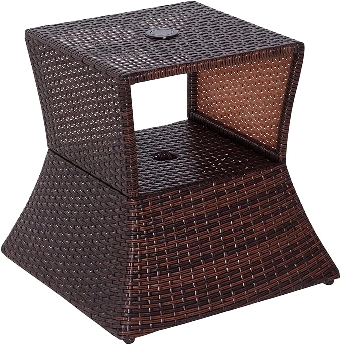 Outsunny Outdoor Side Table with Umbrella Hole, 2 Tier Rattan Wicker End Table with Storage Shelf, All Weather for Patio, Garden, Backyard, Mixed Brown