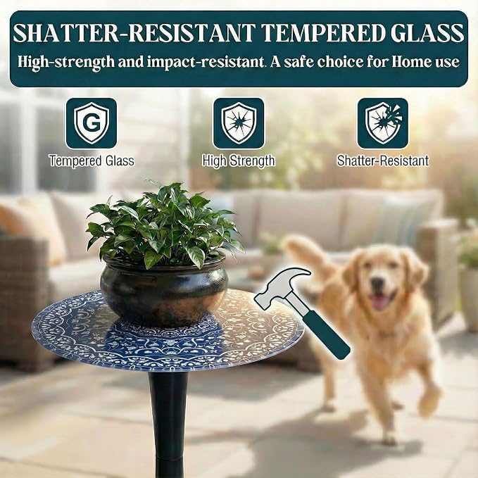 13.4" Outdoor Side Table, Round Patio Bistro Table Printed Tempered Glass Top, Waterproof Rust-Proof Base, Small Plant Stand for Balcony, Garden, Deck, 21.6" H (Blue Maze)