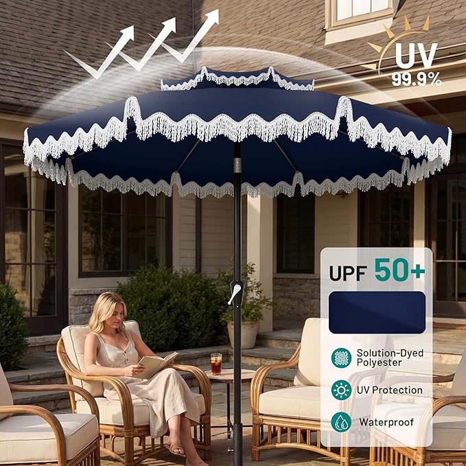 AreShark 9FT Patio Umbrella with Fringe, Wind-Resistant Fiberglass 8 Ribs Tassel Outdoor Umbrella with Crank and Push Button Tilt, Double Tier Vent Sun Shade for Pool, Deck, Backyard, Navy