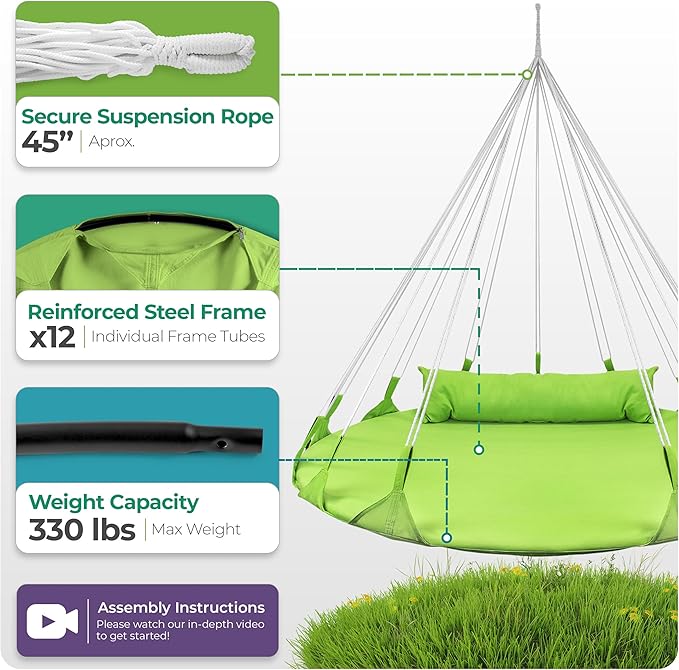 Sorbus 56" Stylish Hanging Swing Nest - Premium Cotton Double Hammock Daybed Saucer Swing Lounger - 264lbs Spinner Swing w/Pillow - Easy Setup Sturdy Tree Swing - for Indoor/Outdoor, Travel - Green
