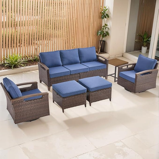 Rilyson Wicker Outdoor Patio Furniture Set - 6 Piece Patio Conversation Sets with Swivel Rocker Chairs, Sofa, Ottomans and Side Table, Thick Cushions, Waterproof Wicker, for Porch Deck Brown/Blue