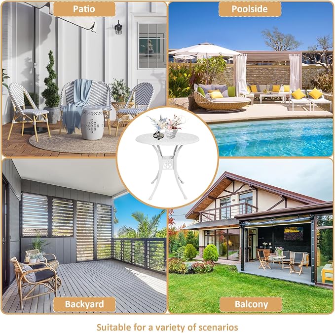 30.31" Cast Aluminum Outdoor Dining Table, Patio Bistro Table with 2.36" Umbrella Hole, Metal Conversation Furniture for Garden Porch