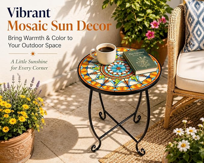 Mosaic Outdoor Side Table Round, 15 Inch Height - Small Patio Table, Foldable Sun Pattern Metal Plant Stand for Garden, Balcony, Porch & Camping