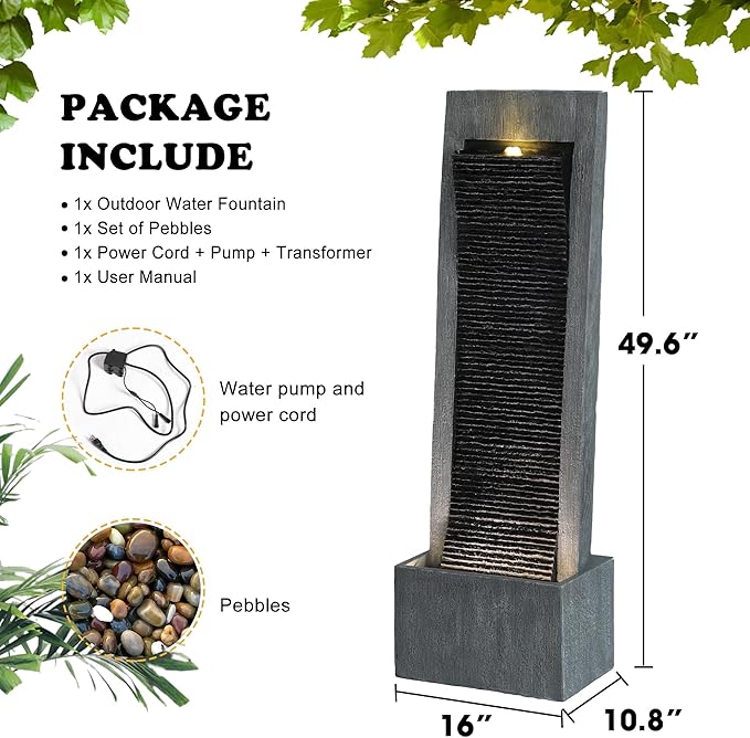 MAGIC UNION Water Fountain Outdoor Garden - Indoor Modern Water Fountain Freestanding Fountains, 49.6" H Contemporary Curves Garden Fountains with LED Lights, Pump and Natural Stones for Garden, Patio