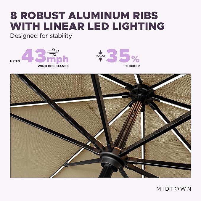 Midtown Umbrellas The LED Swilt 10 Feet Patio Umbrella With Terylast Chestnut (Beige) Polyester Fabric - Auto-Tilt Aluminum Frame With LED Lights For Backyard, Deck, Garden, Pool - Black Pole