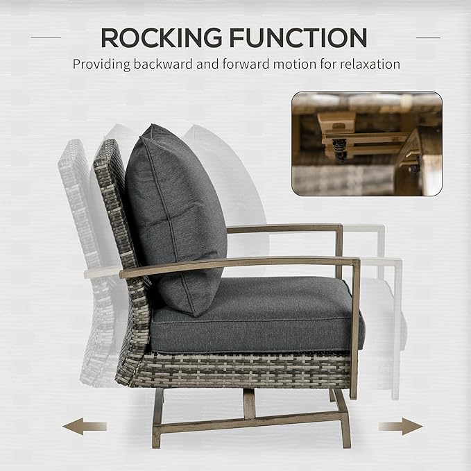 Outsunny 4 Piece Wicker Patio Furniture Set with 2 Rocking Chairs, Loveseat Sofa, Outdoor PE Rattan Conversation Set with Cushions, Aluminum Table for Porch, Poolside, Dark Gray