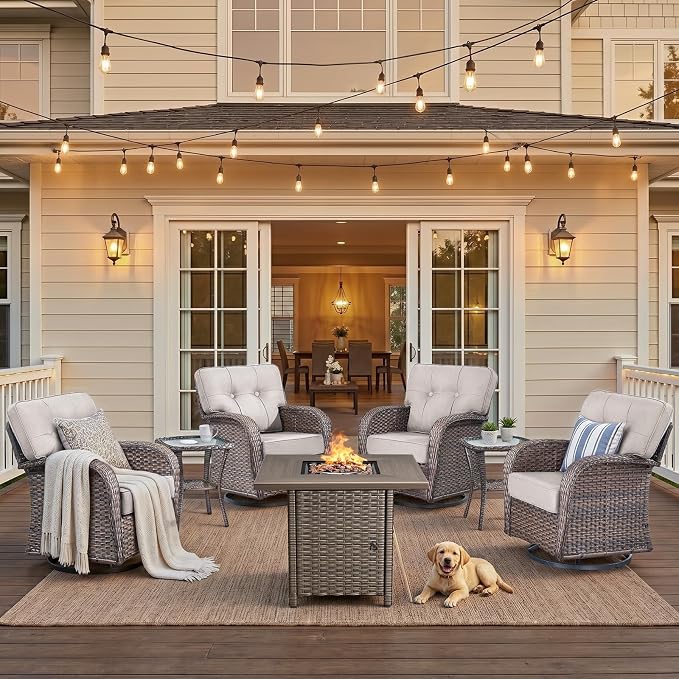 Patio Furniture Sets, 7 PCS Wicker Outdoor Furniture with Fire Pit Table - Patio Swivel Rocking Chairs and Rattan Side Table for Garden, Porch, Backyard, Beige/Brown Wicker