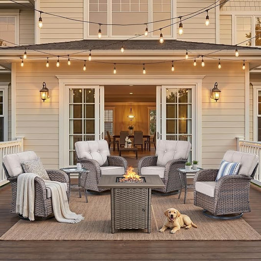 Patio Furniture Sets, 7 PCS Wicker Outdoor Furniture with Fire Pit Table - Patio Swivel Rocking Chairs and Rattan Side Table for Garden, Porch, Backyard, Beige/Brown Wicker
