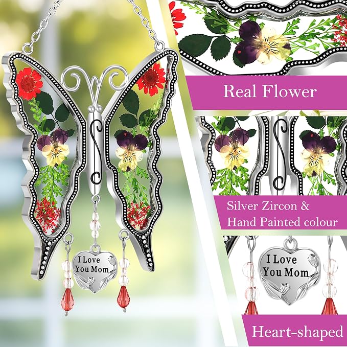 KY&BOSAM Mom Gift Butterfly Glass Pressed Flowers Suncatcher Window Hanging | I Love You Mom Charm Sun Catchers Wind Chime Ornament,Metal & Dried Flowers,Mothers Day Gifts for Mom Birthday Christmas