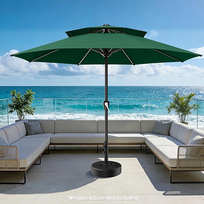 AreShark 12ft 2 Tiers Patio Umbrella - Outdoor Umbrella Waterproof UV Protection, Market Table Umbrella w/ 8 Sturdy Ribs&Crank for Pool, Porch, Garden(Dark Green)