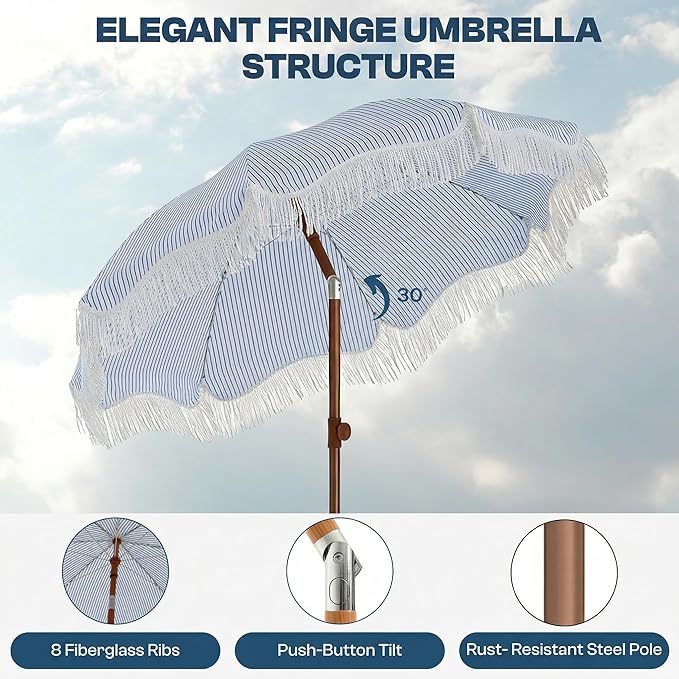 7ft Patio Umbrella with Fringe, Boho Beach Umbrellas, Outdoor Tassels Umbrellas with Push Button Tilt & Carrying Bag, 8 Windproof Fiberglass Ribs, UPF50+