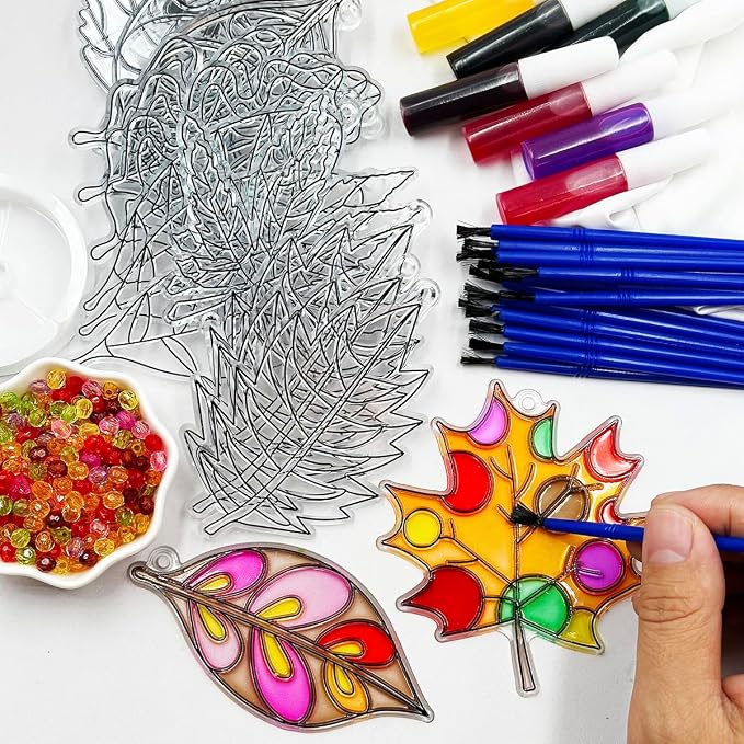 AUEKIV Suncatcher Kit 32 Sets Fall Leaf Suncatchers Window Art Paint Sun Catcher DIY Craft Kits Autumn Maple Leaf Sun Catchers Bulk for Thanksgiving Harvest Party Art Project Decoration