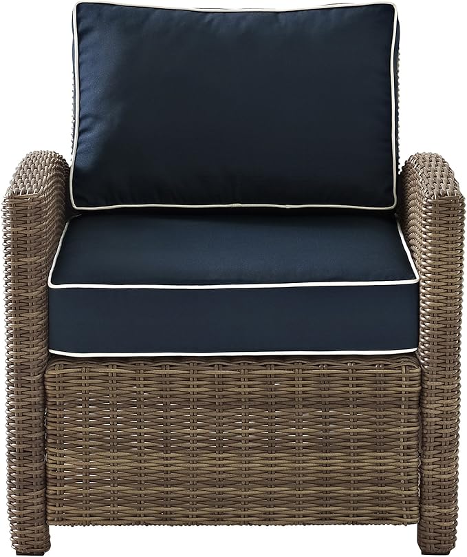 Crosley Furniture Bradenton 5-Piece Outdoor Loveseat Patio Furniture Set, Wicker Conversation Sets for Porch, Brown with Navy Cushions