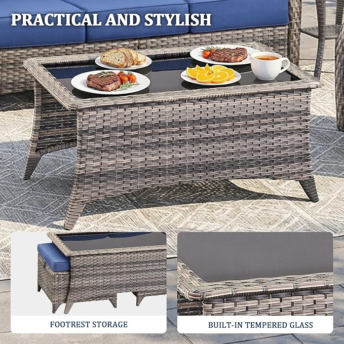 Luxury Swivel Rocker Chair Sofa Set with 6" Thick Cushions,8-Piece Wicker Patio Chair with Coffee Table and Ottoman,Outdoor Comfortable High Back Chair Patio Furniture Set - Gery | Blue